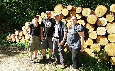 Gruppe Wanderer steht vor einem Holzstapel